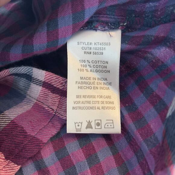 Kut From The Kloth Womens L Purple Blue Plaid 100% Cotton Button Up Shirt Top - Picture 6 of 6